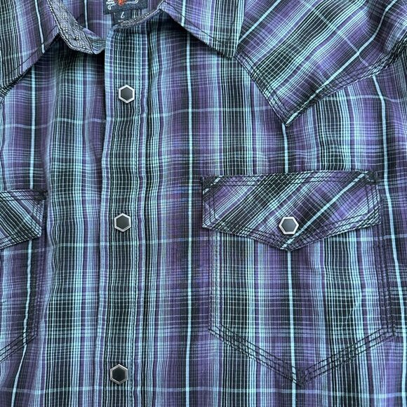 Moon Shine by Brad Paisley Western‎ Shirt  L Purple Blue Plaid Snaps - Picture 3 of 7